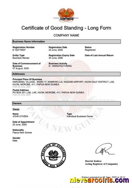 New Guinea certificate of good standing , version 2